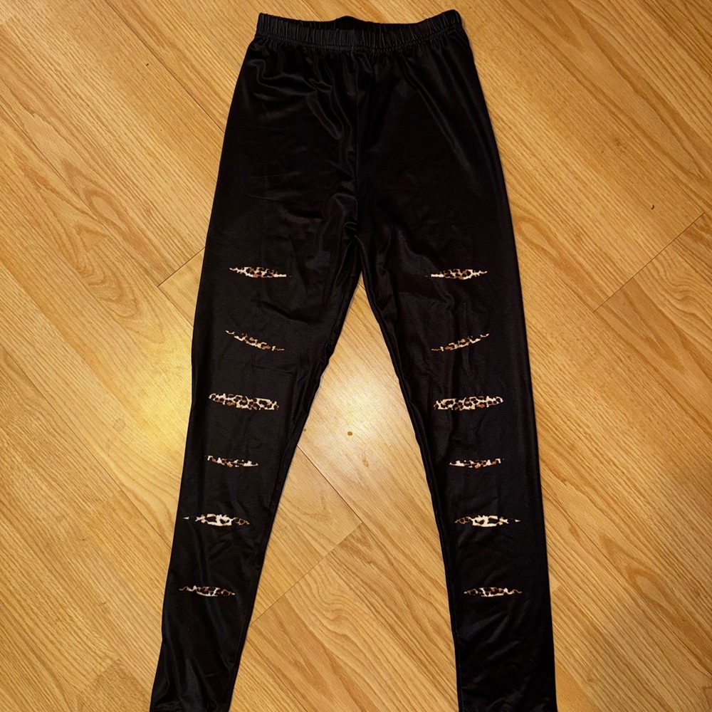 Black Ripped Leggings with Leopard Accents